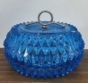 VTG Indiana Glass Diamond Point Blue Glass Powder Jar Candy Dish Vanity *Flaws*